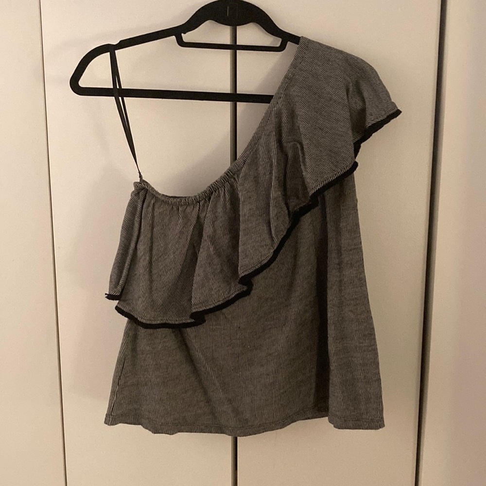 Ann Taylor LOFT One Shoulder Flounce Black Ruffle Top